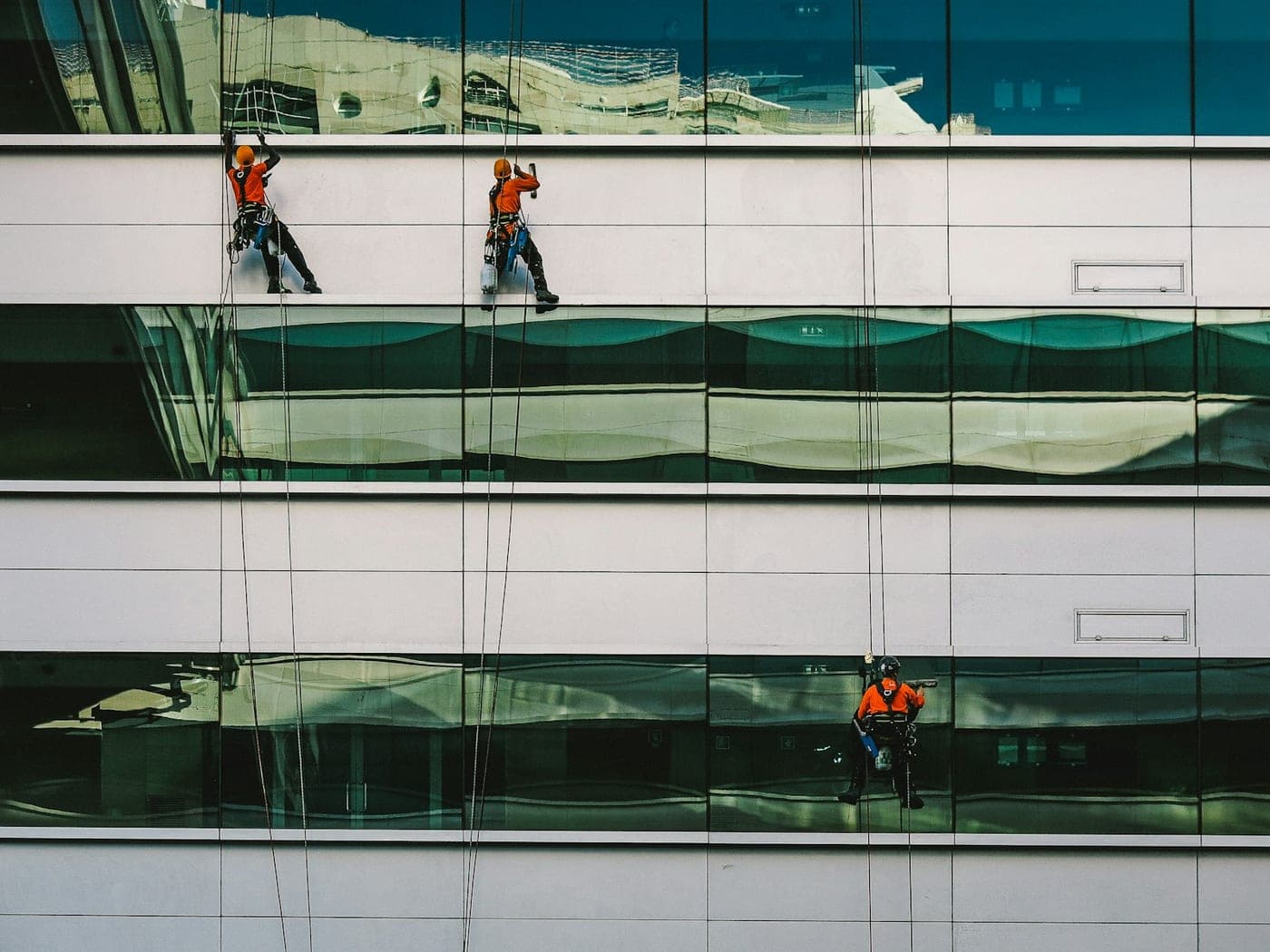 Window cleaners on ropes on a glass facade