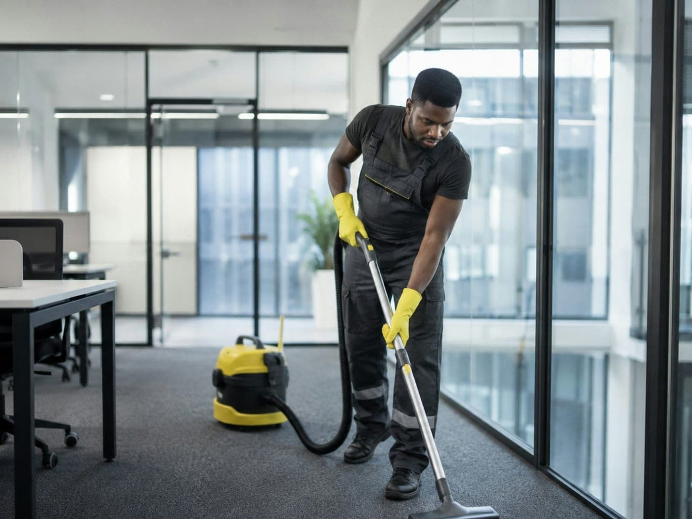 Cleaner vacuuming the floor of an office with glass partition walls