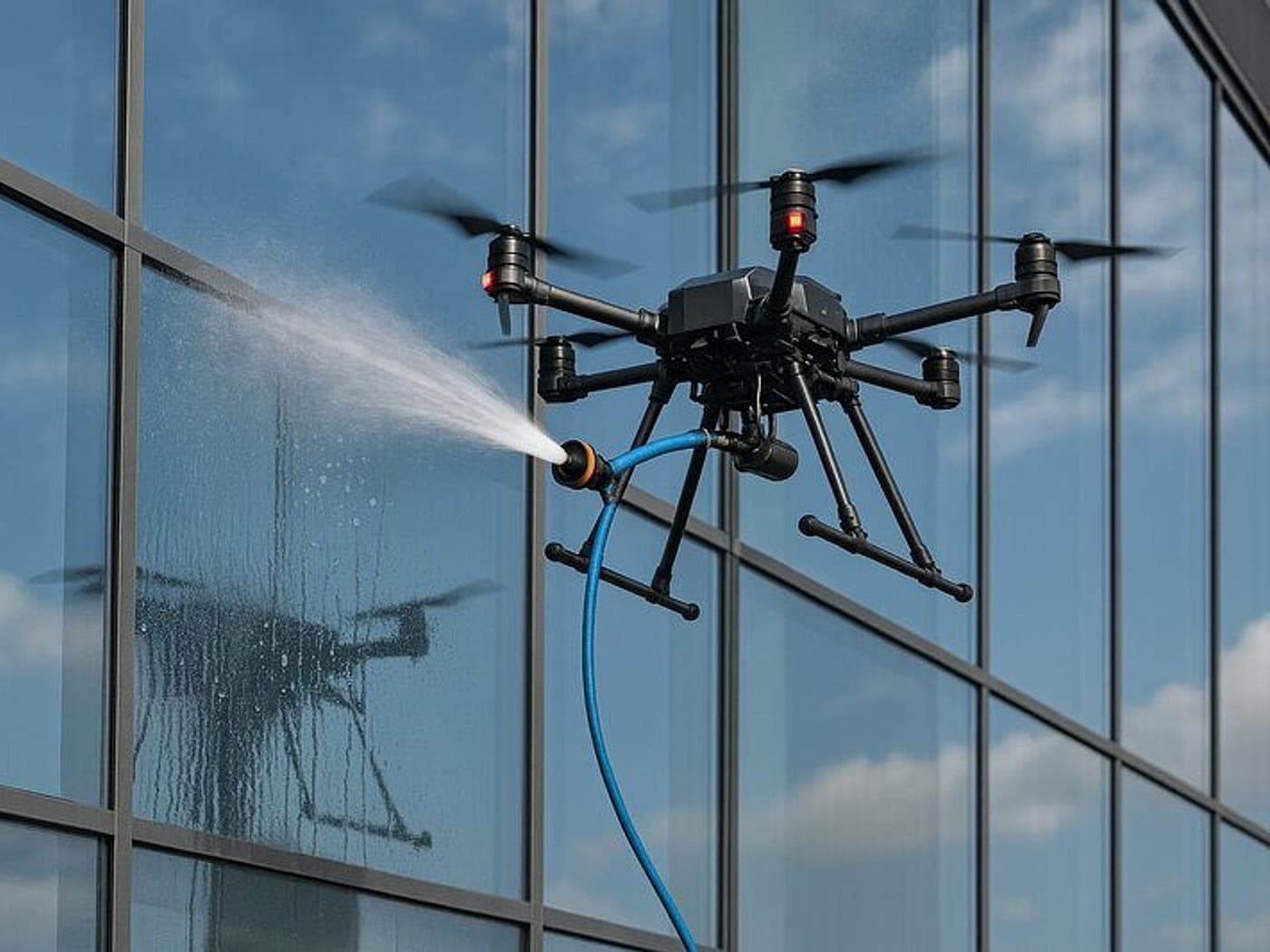 Wasdrone reinigt met een waterslang de gevel en de ramen van een kantoorgebouw