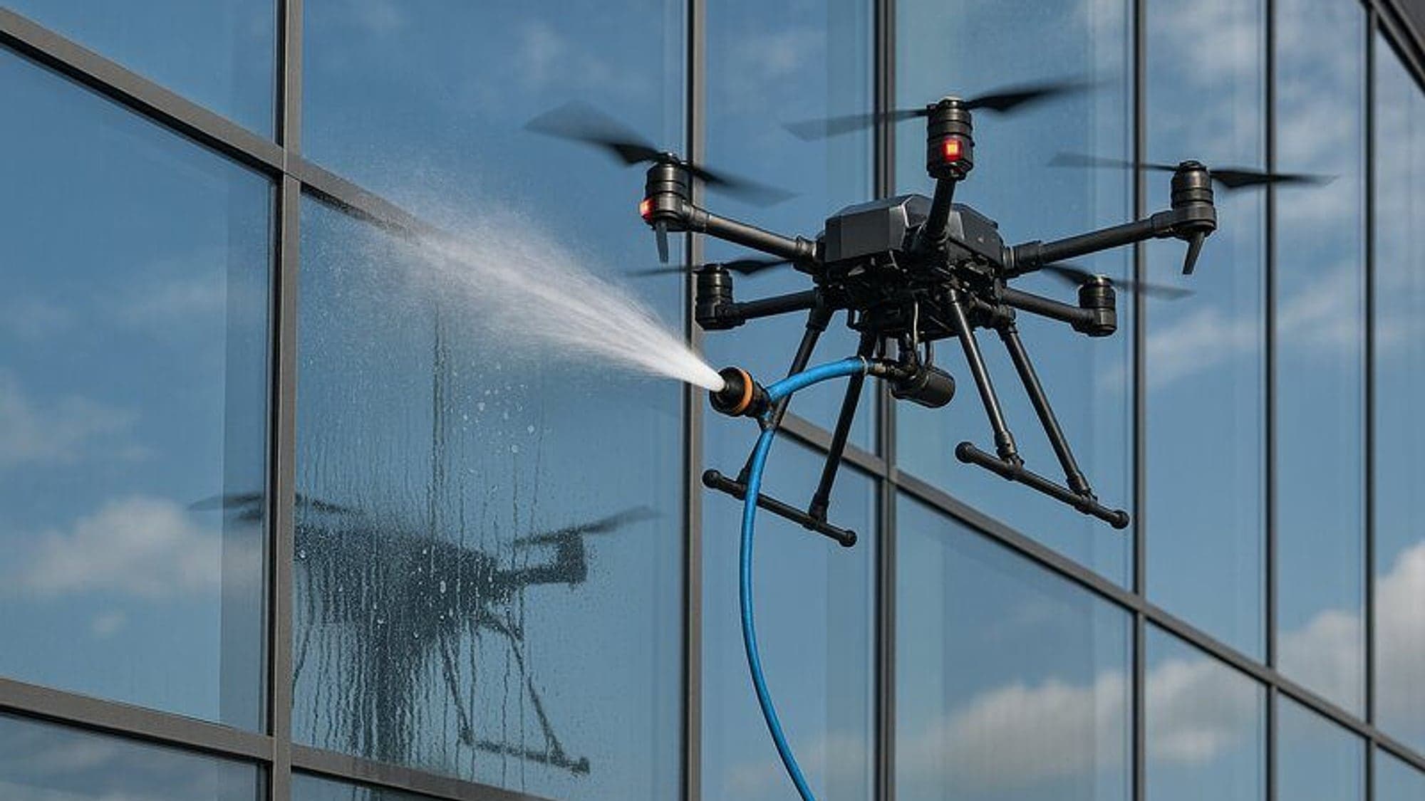 Wasdrone reinigt met een waterslang de gevel en de ramen van een kantoorgebouw