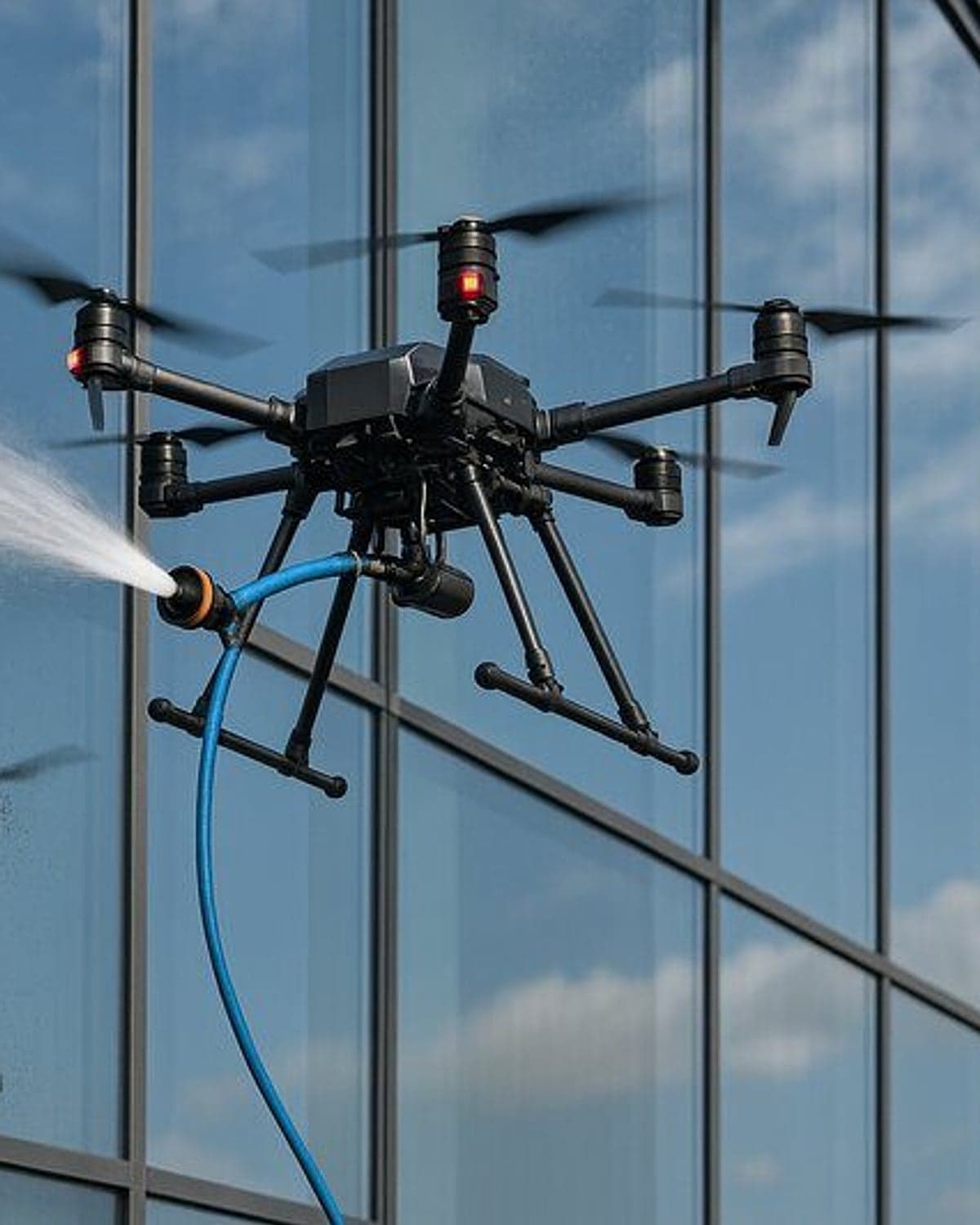ACS Schoonmaak washing drone cleaning a glass facade with a water hose